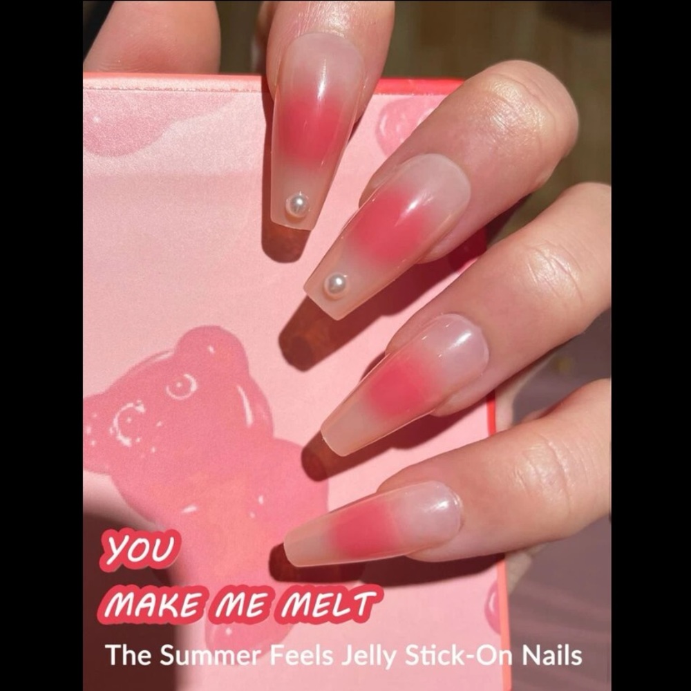 Fake press on nails “You Make Me Melt” pink pearl long nails 💅 brand new